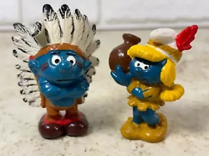 Vtg Smurf Figurines Indian Chief Smurf and Native American Smurfette Indian Jug - Picture 1 of 16