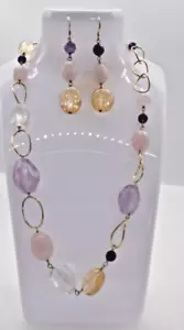J &T Sterling Silver 925 Chunky Quartz Faceted Amethyst Rose Necklace & Earrings - Picture 1 of 6