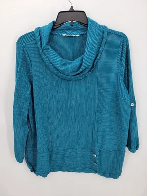 Top Soft Surroundings para mujer Plus 2X azul a rayas capucha cuello botón detalle artístico Foto 1 de 4