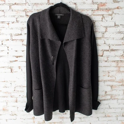 Chaqueta cárdigan Tahari para mujer grande mezcla de lana frente abierto abrigo negro gris Foto 1 de 4