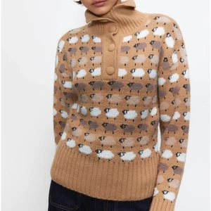ZARA Jacquard Sheep Print Sweater Button Turtleneck Princess Diana, Size S - Picture 1 of 16