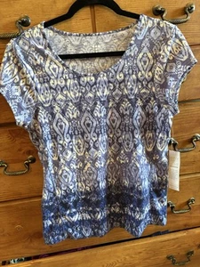 Title Nine Matahari Womens Stinkstopper Double Time Print Blue T-Shirt Small New - Picture 1 of 3