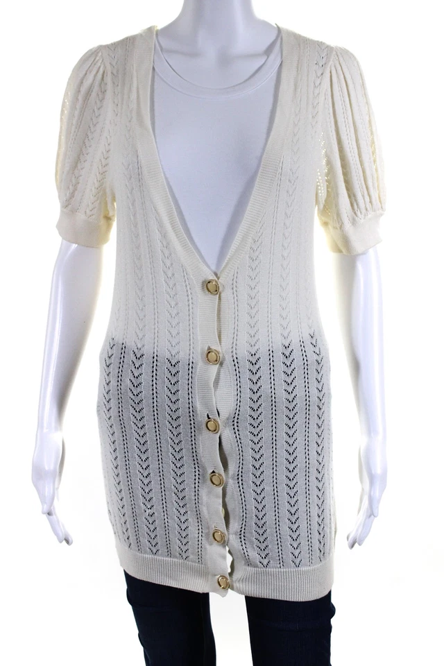 Juicy Couture Womens Cotton open Knit Short Sleeve Cardigan Sweater Beige Size M - Image 1 of 4