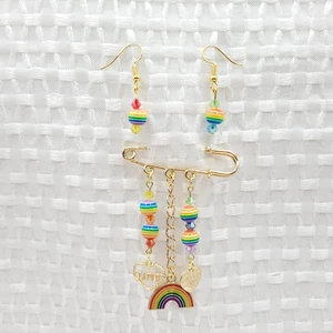 Rainbow Beaded Gold Tone Brooch & Earrings Charm Safety Pin Jewelry LGBTQ+ Pride - Picture 1 of 7