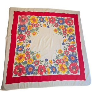 Vintage Tablecloth Red Border Floral Flowers 1940s  46” Square Colorful Kitchen - Picture 1 of 13