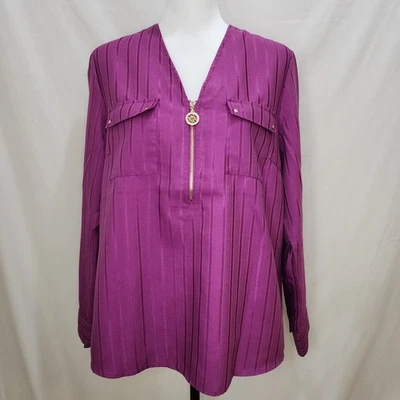 全新带标签 Anne Klein 品红金色拉链长袖口袋束腰上衣,中号 — 第 1/4 张图片