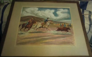 Vintage Anna Barry Signed Print? Western Americana Artwork Steer Roping 22x19 - Picture 1 of 10