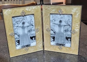 Green Tree Gallery Yellow Gold Enamel 3.5 x 5 Double Photo Frame Rhinestones - Picture 1 of 5