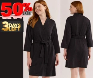 Joyspun Women's size PLUS 2X 18W-20W Waffle Kimono Short Wrap Robe color BLACK - Foto 1 di 18