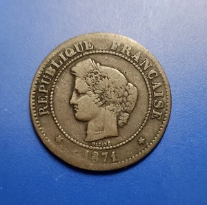 1871 France 5 Centimes bronze coin.  (KM# 821.1)   152-years-old! - Picture 1 of 2