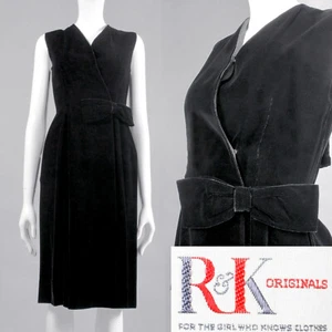 S/M Vintage 1950s R&K Black Velvet Wiggle Dress Pin Up Cocktail Wrap Bow LBD 50s - Picture 1 of 10