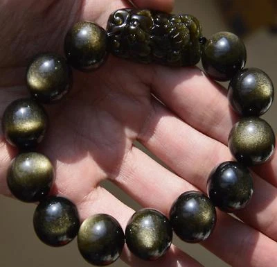 Potente pulsera de cuentas de dragón Pi Xiu obsidiana de oro natural 14-13 mm  Foto 1 de 2