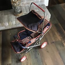 Vintage Doll Stroller Foldable Metal Fabric 24x13x25” Red White Blue Collapsible