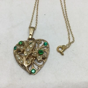 12K GF Necklace Green Rhinestone & Faux Seed Pearl Goldtone Vintage - Picture 1 of 11