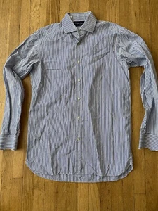 Vintage Ralph Lauren Purple Label Men Button Dress Shirt White Blue Stripe 15.5” - Picture 1 of 9
