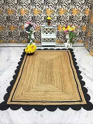 Handmade Braided Natural Pure Jute with Black Design Scalloped Rug - Image 1 of 4