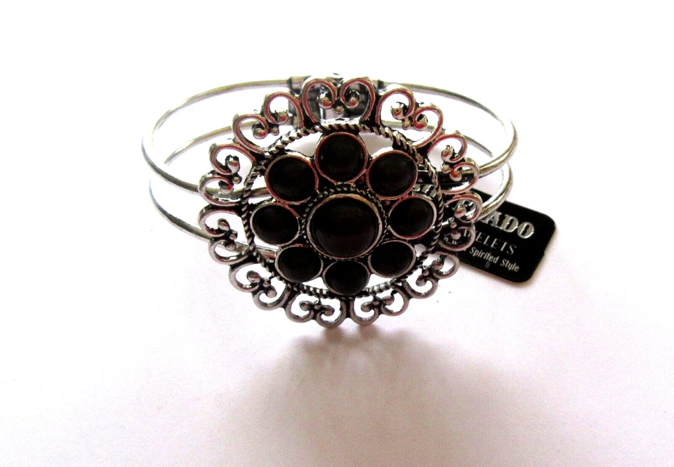 Pulsera brazalete con bisagras Silverado - cuentas negras - circular - flor Foto 1 de 2