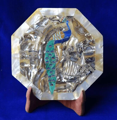 Fregona decorativa antigua de mármol de 7" y artes de pavo real - Impresionante diseño de marquetería decoración Foto 1 de 4