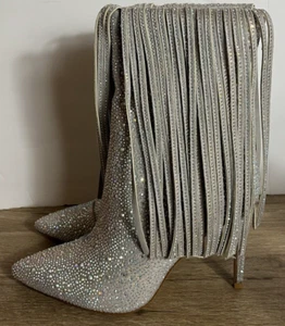 NIB Ouepiano Women's Size 9 Silver Fringe Rhinestone High Heeled Boots - Picture 1 of 8