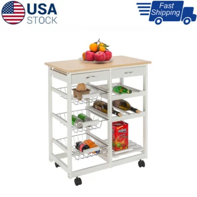 White FCH Moveable Kitchen Cart w/Two Drawers Two Wine Racks Three Baskets New - Image 1 of 4