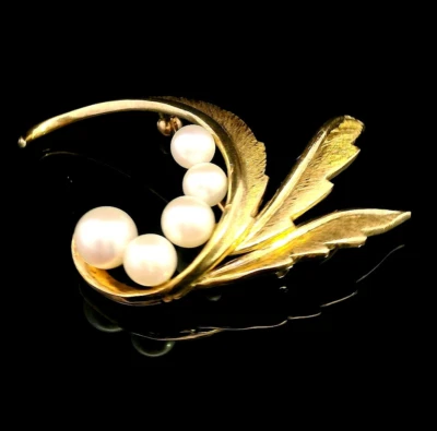 Broche en aerosol Mikimoto oro 14K perlas cultivadas firmado “M” – 8,1 g elegante regalo Foto 1 de 4