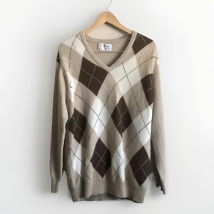 Maglione vintage PRINGLE intarsiato 100% cashmere Argyle uomo 44 scollo a V beige marrone - Foto 1 di 7