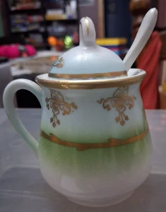 VINTAGE GERMANY PORZELLAN HANDBEMALTE ZUCKERDOSE MIT DECKEL & LÖFFEL - Bild 1 von 6