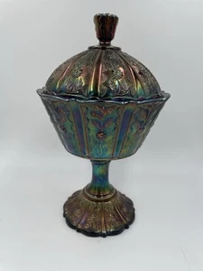 Vintage Fenton Black Amethyst Daisy Carnival Glass Lidded Candy Dish - Picture 1 of 5