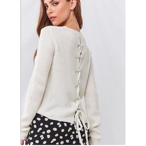 Elfenbeinfarbener weicher & kuscheliger Strickpullover zum Schnüren hinten offen - Gr. Lg - neu - Boho Chic Glamourös - Geschenk - Bild 1 von 5