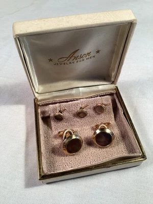 Abotoaduras Swank vintage 0,75” tom dourado Abalone clássico desgaste formal conjunto redondo 5 peças - Imagem 1 de 4