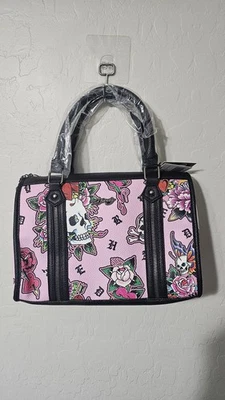 Ed Hardy Tattoo Women’s Skull & Roses Print Pink Satchel Crossbody Shoulder Bag - Image 1 of 2