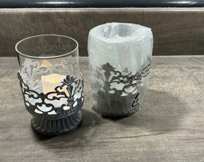 2 Mini Hurricane Lamps Tea Light Holders White & Gold Metal Glass Intricate - Image 1 of 2