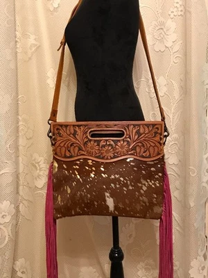 American Darling Cowhide Convertible Bag with Tooled Leather and Pink Fringe - Image 1 of 4
