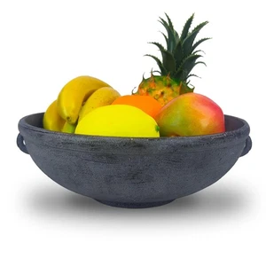 Large Resin Decorative Bowl with Side Ring Accents – Black Whitewashed Terrac... - Picture 1 of 7