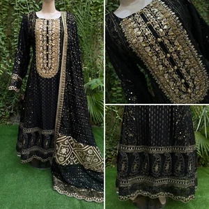 Pakistani Black Fancy Chiffon long Dress with embroidery, Squins work,L - Picture 1 of 12