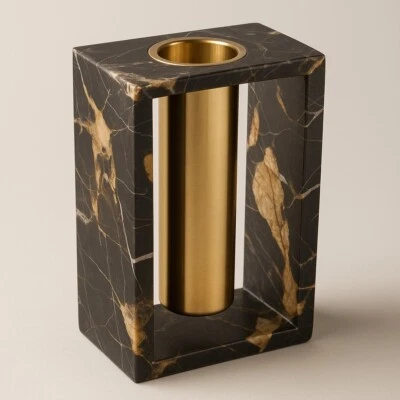 Handmade Antique Flower Vase, Frame Flower Holder, Brown & Golden Marble, H: 8" - Image 1 of 4