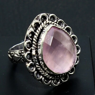 Anillo de plata 925 maciza natural cuarzo rosa piedras preciosas hecho a mano regalo joyería talla 5 Foto 1 de 4