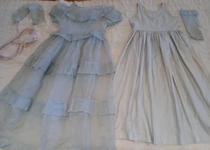 1950 Girl Full Length Debutante Blue Sheer Ruffled DRESS-Underdress-Hat-1 Glove - Picture 1 of 21