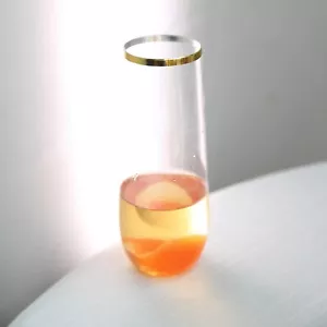 18 CLEAR GOLD RIM 9 oz Stemless Plastic Champagne Flutes Party Wedding Tableware - Picture 1 of 6