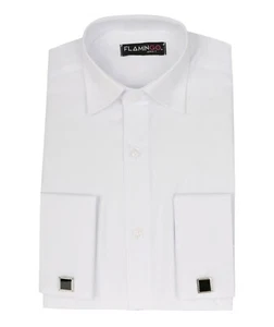 Flamingo Boys Double Cuff Classic Collar White Formal Kids Shirt with Cufflinks - Picture 1 of 7