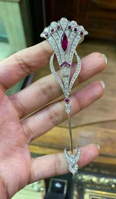 Vintage Art Deco Style 4.91TCW Ruby and Cubic Zirconia Beautifully Jabot Pin - Image 1 of 4