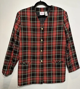 Tan Jay Red Plaid Button Up Front Blazer Womens Size 14 Holiday Preppy Academic - Picture 1 of 5