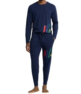 Новый с Ярлыками Polo Ralph Lauren темно-синий/цветной вычурно окрашенный логотип вязаный пижамы комплект мужской L - Изображение 1 из 4