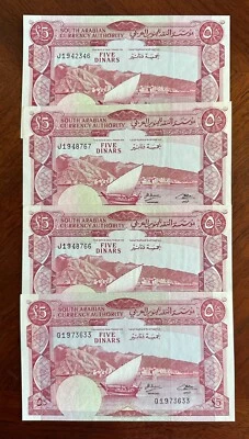 YEMEN DEM. BILLETES DE 5 DINARES REPÚBLICA 1965 GEMA NÍTIDOS SIN CIRCULAR, LOTE DE (4) Foto 1 de 2