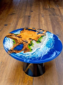 Resin Ocean Wave Coffee Table, Modern Blue Wooden Wood Side Sofa End table Tops - Picture 1 of 7