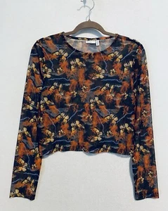 Asos Designs Top Womens 10 Flame Butterfly Print Mesh Cropped Long Sleeve Boho - Picture 1 of 7