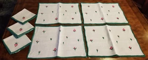 Cotton Linen Placemats (4) & Napkins Roses (3) Pink Flowers Green Trim Vintage - Imagen 1 de 13
