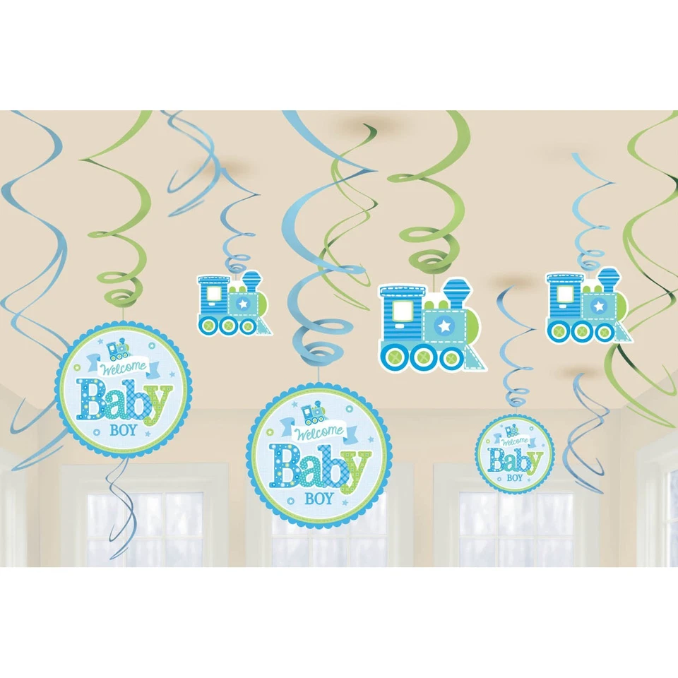 Welcome Little One Boy Blue Train Baby Shower Party Hanging Swirl Decorations - Image 1 of 1