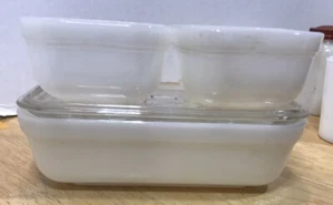 SUPER CUTE Vtg Set of 3 Fire King Ware Milk Glass Dish W/ Clear Floral Glass Lid - Picture 1 of 8