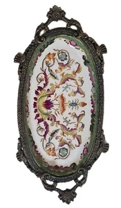 Vintage Hua Rong Tang Zhi Porcelain & Brass Footed Soap/Trinket Dish - Picture 1 of 12